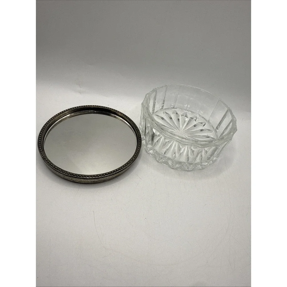 VINTAGE  CRYSTAL POWDER JAR w SILVER LID Vanity Dresser w Mirror